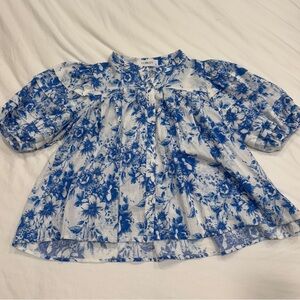 Blue and White Floral Puff Sleeve Blouse